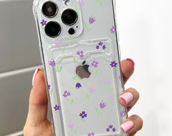 Purple Floral Flower Clear Card Holder Phone Case for iPhone 17 16 15 14 13 12 11 11 Pro Max Mini 7  XR Wallet Shockproof Phone Cover Custom