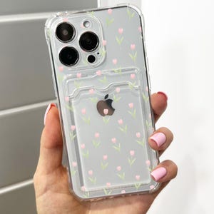Petite coque de téléphone avec porte-cartes en forme de bourgeons de tulipe roses 16 15 14 13 12 11 11 Pro Max Mini 7 X XR Portefeuille antichoc pour portefeuille, nom personnalisé