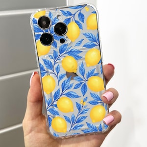 Funda para teléfono con tarjetero y diseño de limón y flores azules para iPhone 16, 15, 14, 13, 12, 11, Pro Max, Mini, 7, 8, XR, X, a prueba de golpes, con nombre personalizado