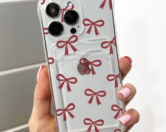 Dark Red Bow Card Holder Phone Case for iPhone 17 16 15 14 13 12 11 11 Pro Max Mini 7 8 XR X Wallet Shockproof Phone Cover Custom Name