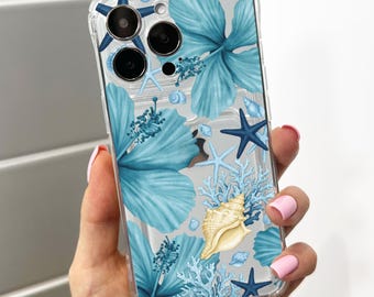 Blue Flower Ocean Clear Clear Card Holder Phone Case for iPhone 17 16 15 14 13 12 11 11 Pro Max Mini 7 8 XR Wallet Shockproof Phone Cover
