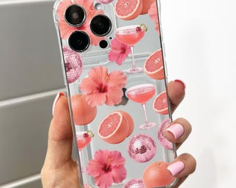 Pink Floral Cocktail Card Holder Phone Case for iPhone 17 16 15 14 13 12 11 11 Pro Max Mini 7 8 XR Wallet Shockproof Phone Cover Custom Name