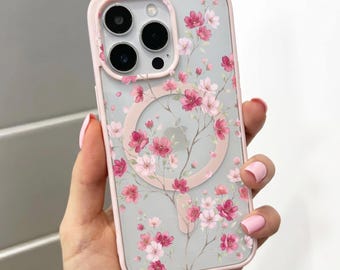 Pink Floral Flower Pattern MagSafe Phone Case for iPhone 17 16 15 14 13 12 11 11 Pro Max Mini XR X XS Shockproof Magnetic Phone Cover Custom