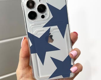 Blue Retro Star Pattern Card Holder Phone Case for iPhone 17 16 15 14 13 12 11 11 Pro Max Mini 7 8 XR Wallet Shockproof Phone Cover
