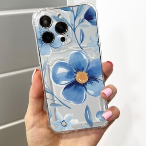 Blauwe aquarel bloem kaarthouder telefoonhoesje voor iPhone 16 15 14 13 12 11 11 Pro Max Mini 7 8 XR portemonnee schokbestendig telefoon Cover aangepaste naam