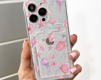 Pink Turtle Shell Pattern Clear Card Holder Phone Case for iPhone 17 16 15 14 13 12 11 11 Pro Max Mini 7 XR Wallet Shockproof Phone Cover