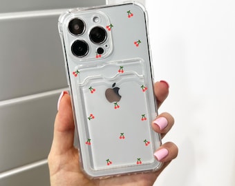 Cherry Pattern Cherry Card Holder Phone Case for iPhone 17 16 15 14 13 12 11 11 Pro Max Mini 7 8 Wallet Shockproof Phone Cover Custom Name