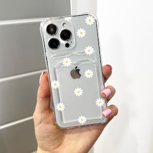 Étui pour téléphone avec porte-cartes à motif marguerite florale 16 15 14 13 12 11 11 Pro Max Mini 7 8 Étui portefeuille antichoc pour téléphone avec nom personnalisé