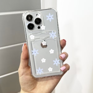 Pastelblauwe bloemen Kaarthouder Telefoonhoesje voor iPhone 15 14 13 12 11 11 Pro Max Mini 7 8 X portemonnee schokbestendig telefoonhoesje met aangepaste naam