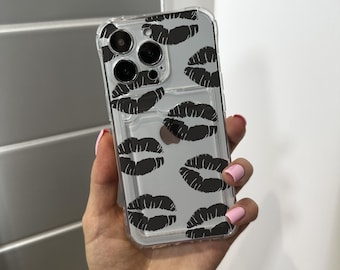 Funda para teléfono con tarjetero Lip Kiss para iPhone 15 14 13 12 11 11 Pro Max Mini 7 8 XR XS X Funda tipo cartera a prueba de golpes con nombre personalizado