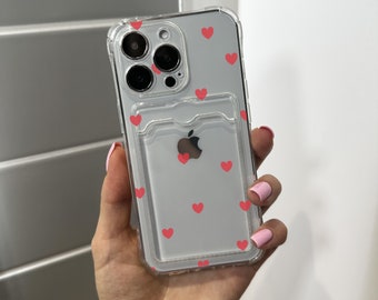 Red Heart Kartenhalter Handyhülle für iPhone 15 14 13 12 11 11 Pro Max Mini 7 8 XR XS X Brieftasche Stoßfeste Telefonabdeckung mit individuellem Namen