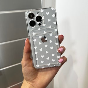 White Heart Card Holder Clear Phone Case pour iPhone 15 14 13 12 11 11 Pro Max Mini 7 8 XR XS X Housse de téléphone antichoc avec nom personnalisé