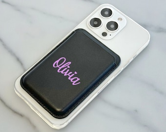 Personalised Name MagSafe Wallet Vegan Leather MagSafe Wallet for iPhone 15 14 13 12 Magnetic iPhone Card Holder Custom Pink Name