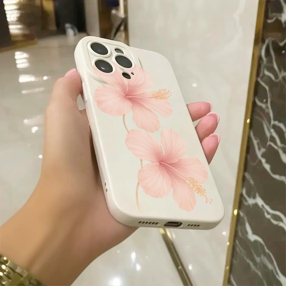 ピンクのハイビスカスの花柄ベージュの携帯ケース iPhone 17 16 15 14
