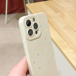 May include: A beige phone case decorated with small pastel hearts. The case features a camera aperture with the text "PRO CAMERA". The hearts are in pink, blue, and yellow. The case is held in a hand.