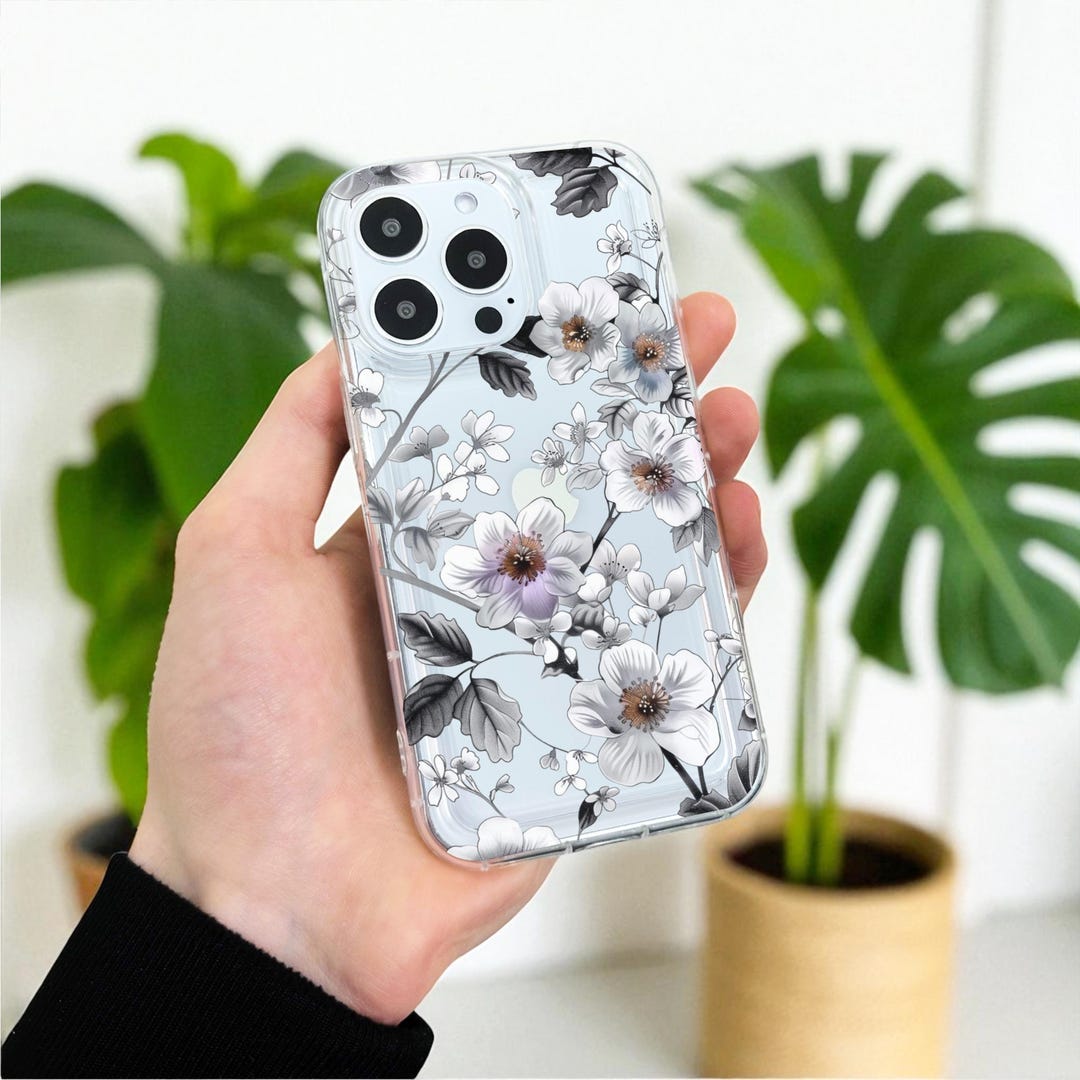 ホワイトフラワープリントクリア携帯ケース iPhone 17 16 15 14 13 12