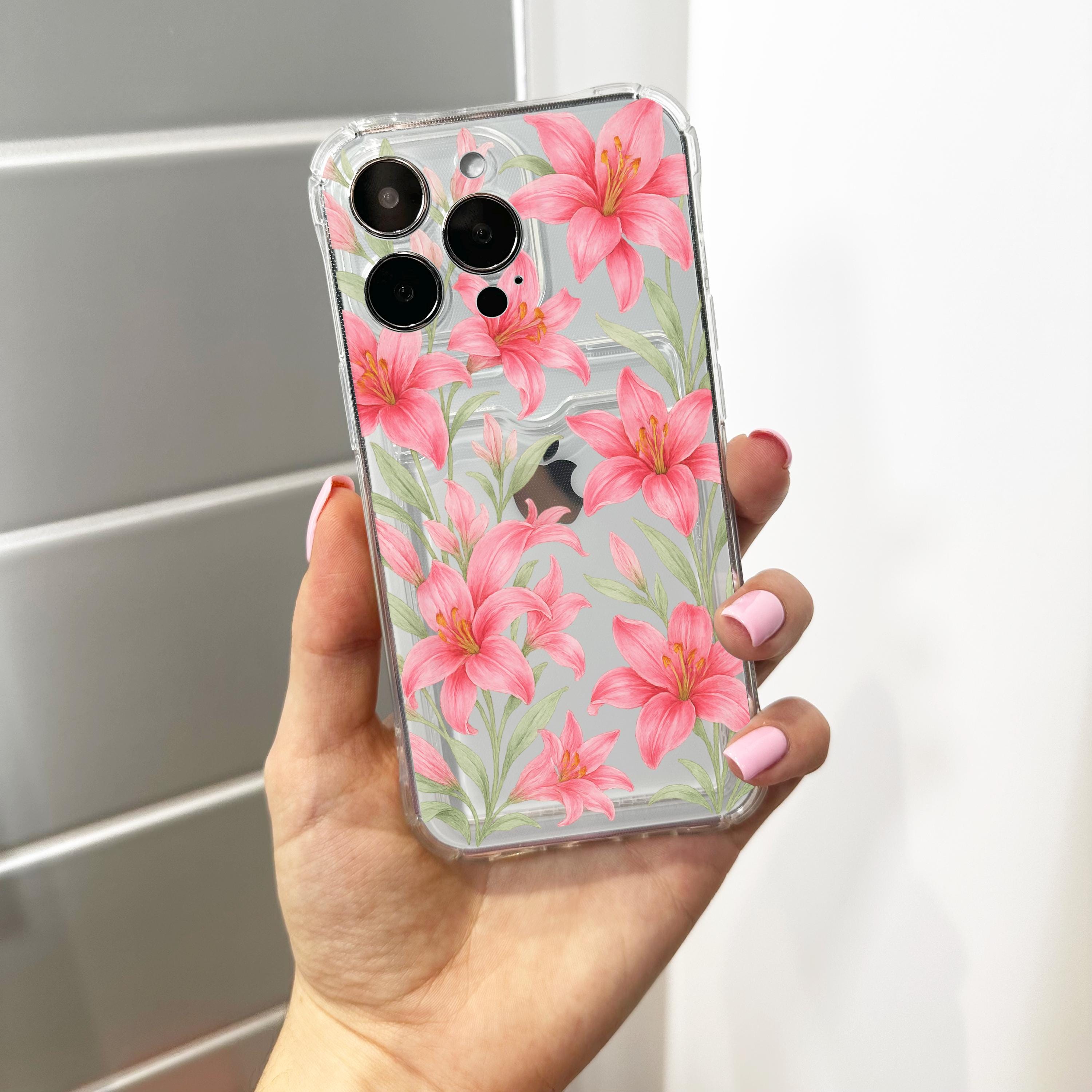 Pink Hibiscus Floral Card Holder Phone Case for iPhone 17 16 15 14
