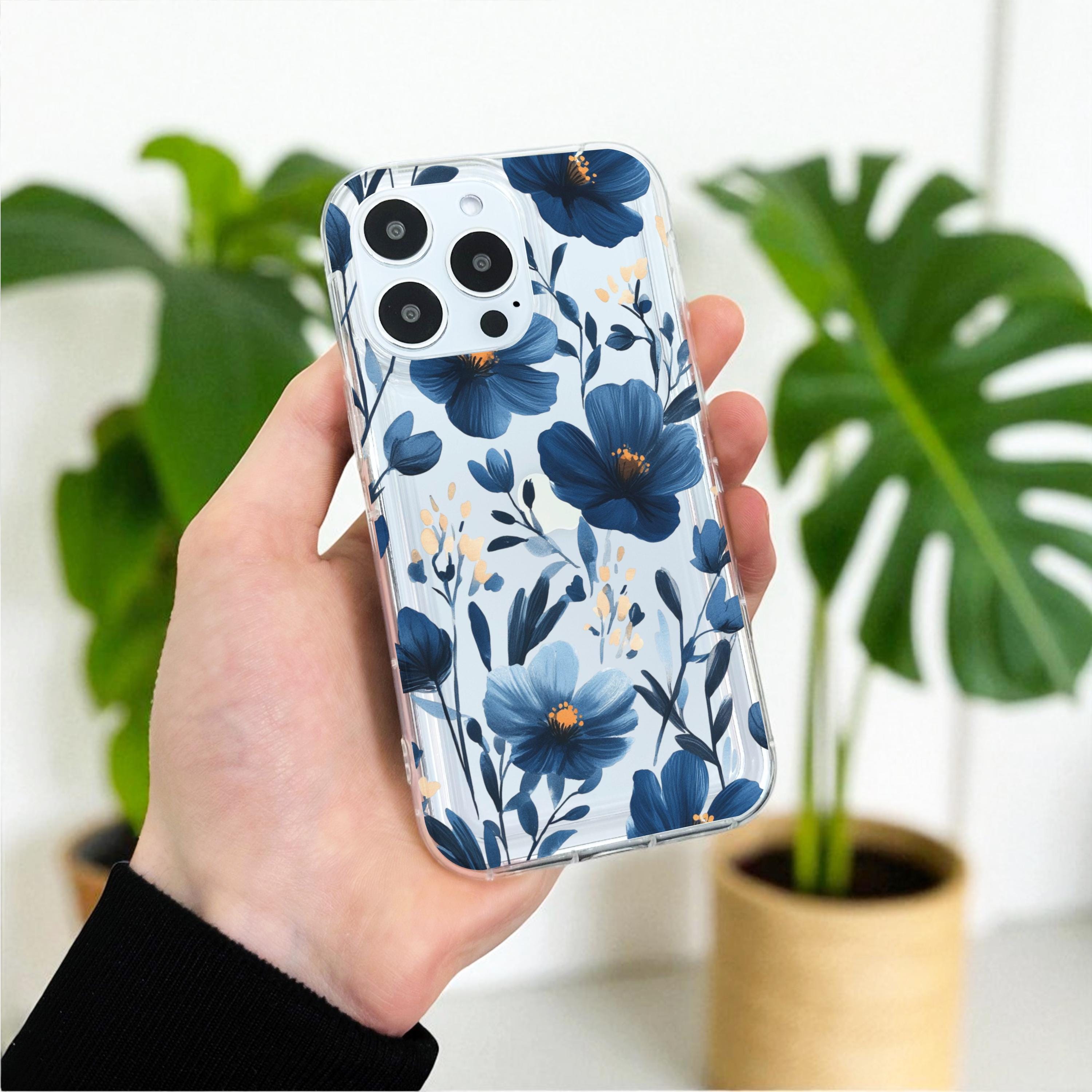 Blue Flower Floral Clear Phone Case for iPhone 17 16 15 14 13 12