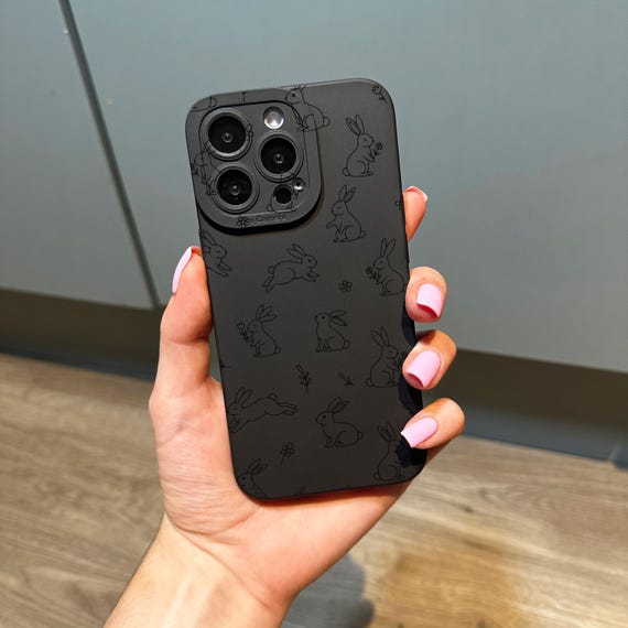 Black Bunny Rabbit Phone Case for iPhone 17 16 15 14 13 12 11 11 Pro Max Mini 7 8 XR XS X Shockproof Phone Cover with Customised Name