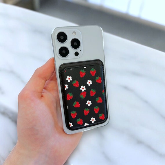 Strawberry Flower Print Magsafe Wallet Vegan Leather Wallet
