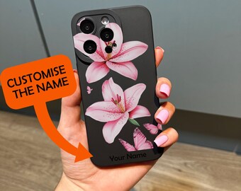 ピンクの花柄ユリ蝶柄ブラック携帯ケース iPhone 17 16 15 14 13 12 11