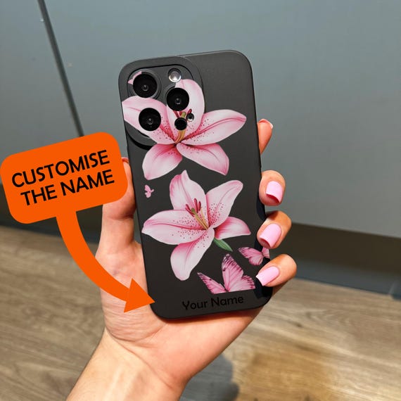 Pink Floral Lily Butterfly Black Phone Case for iPhone 17 16 15 14