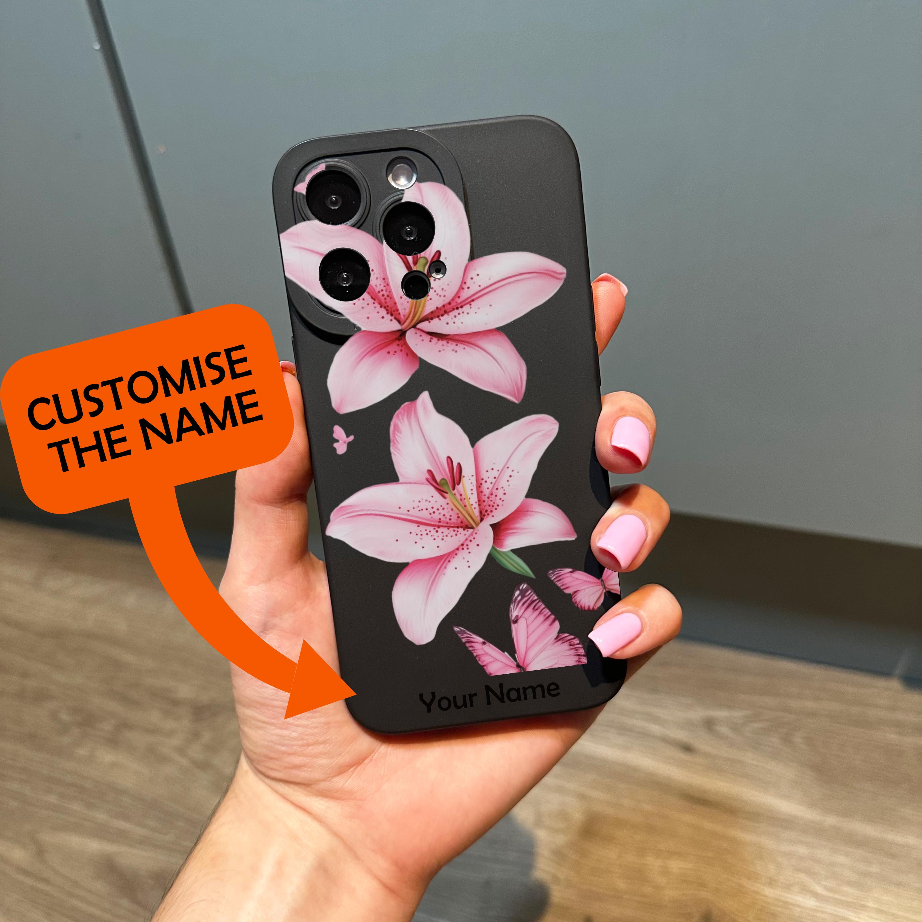 Pink Floral Lily Butterfly Black Phone Case for iPhone 17 16 15 14