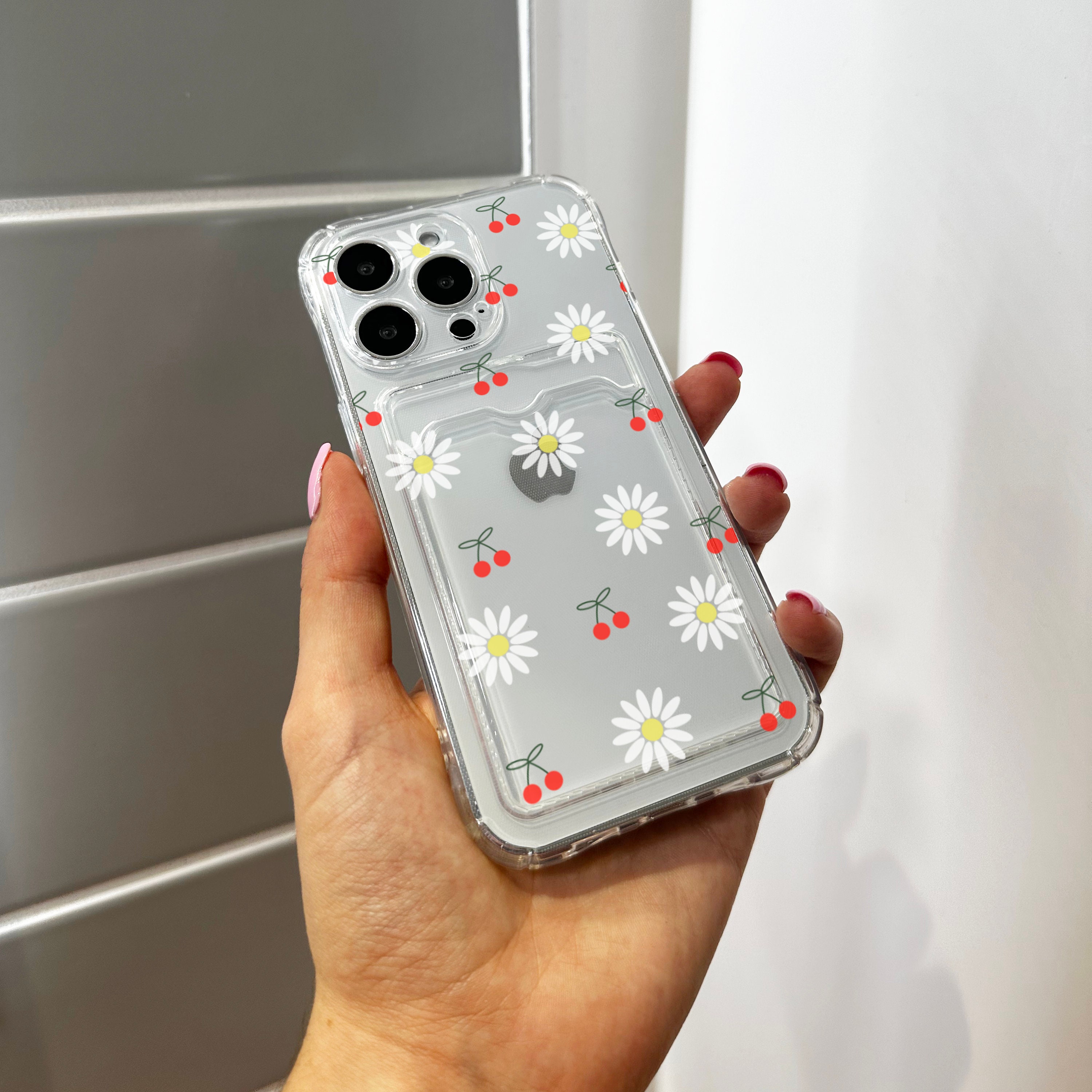 Cherry Daisy Card Holder Phone Case for iPhone 17 16 15 14 13 12