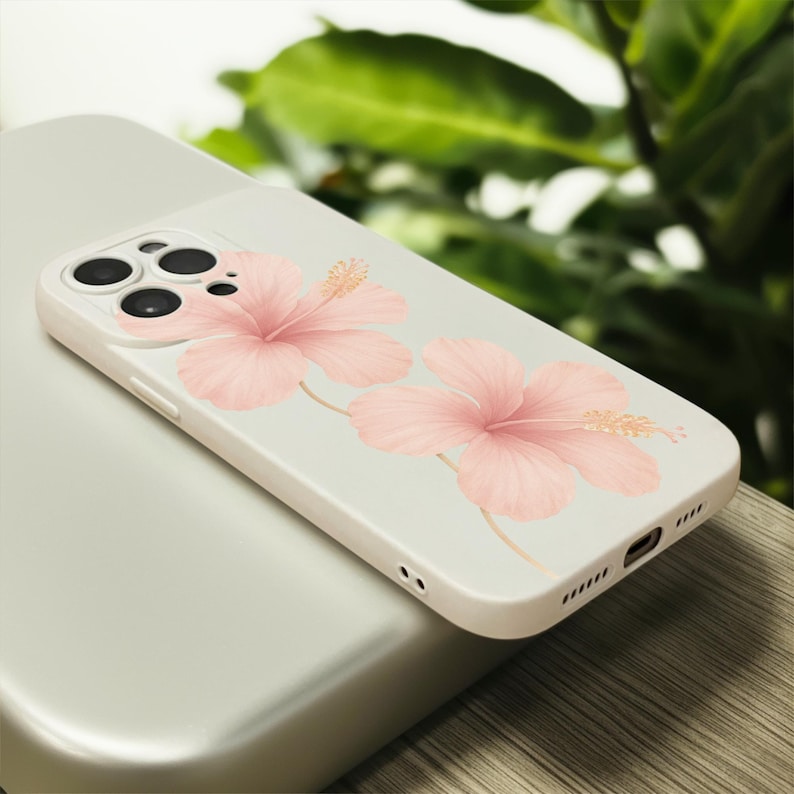 Pink Hibiscus Flower Floral Beige Phone Case - Thumbnail 2
