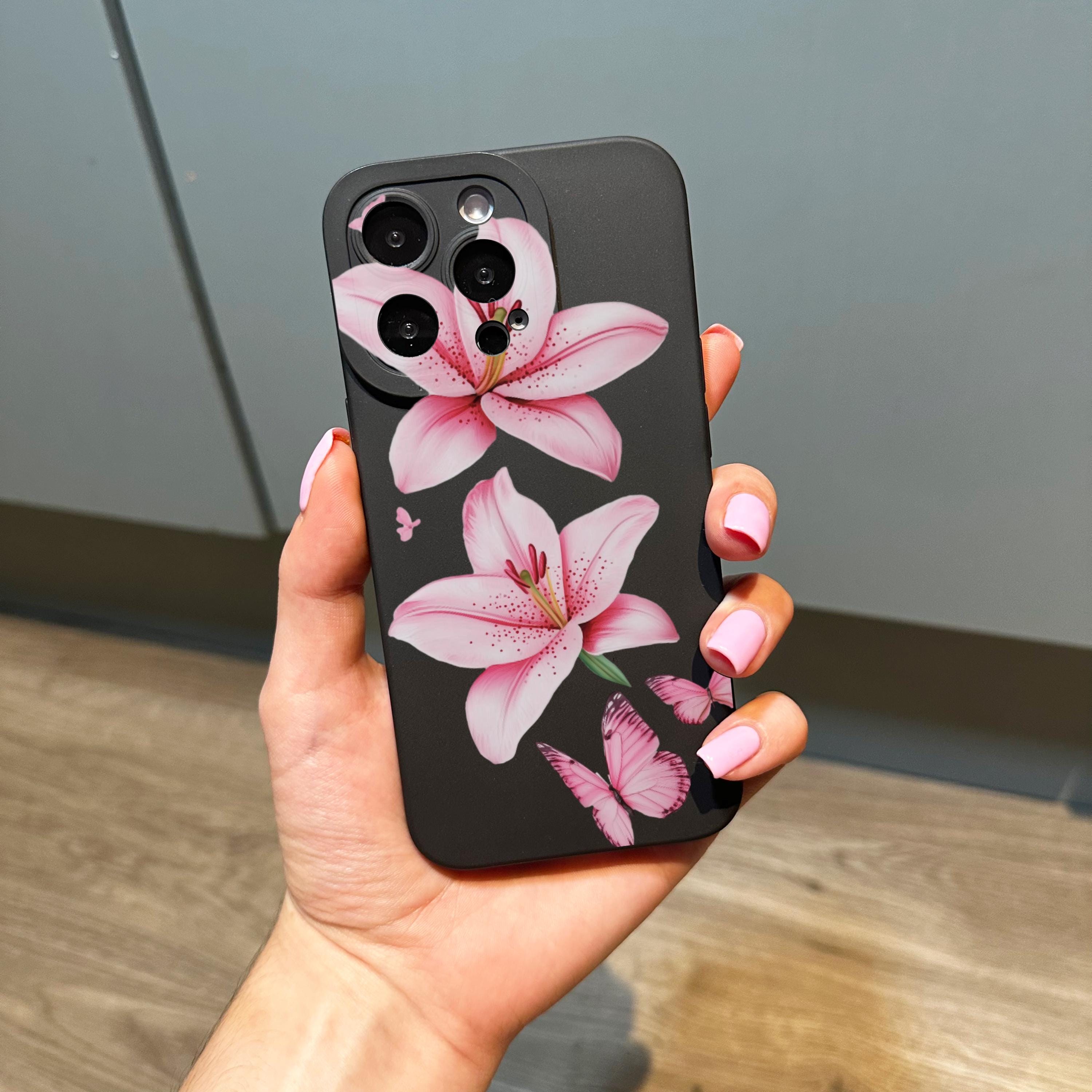 Pink Floral Lily Butterfly Black Phone Case for iPhone 17 16 15 14