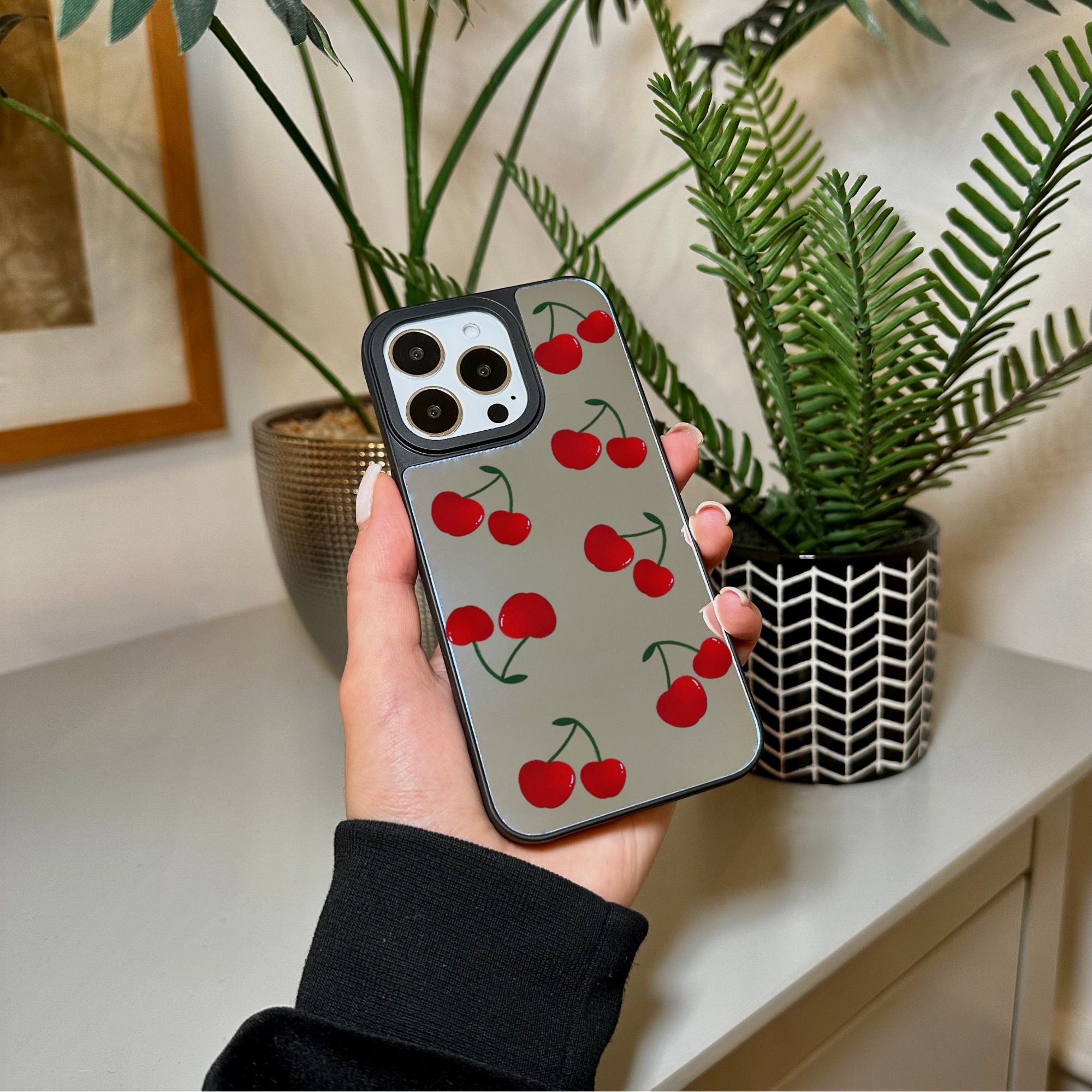 Cherry Pattern Mirror Phone Case for iPhone 15 14 13 12 11 11 Pro