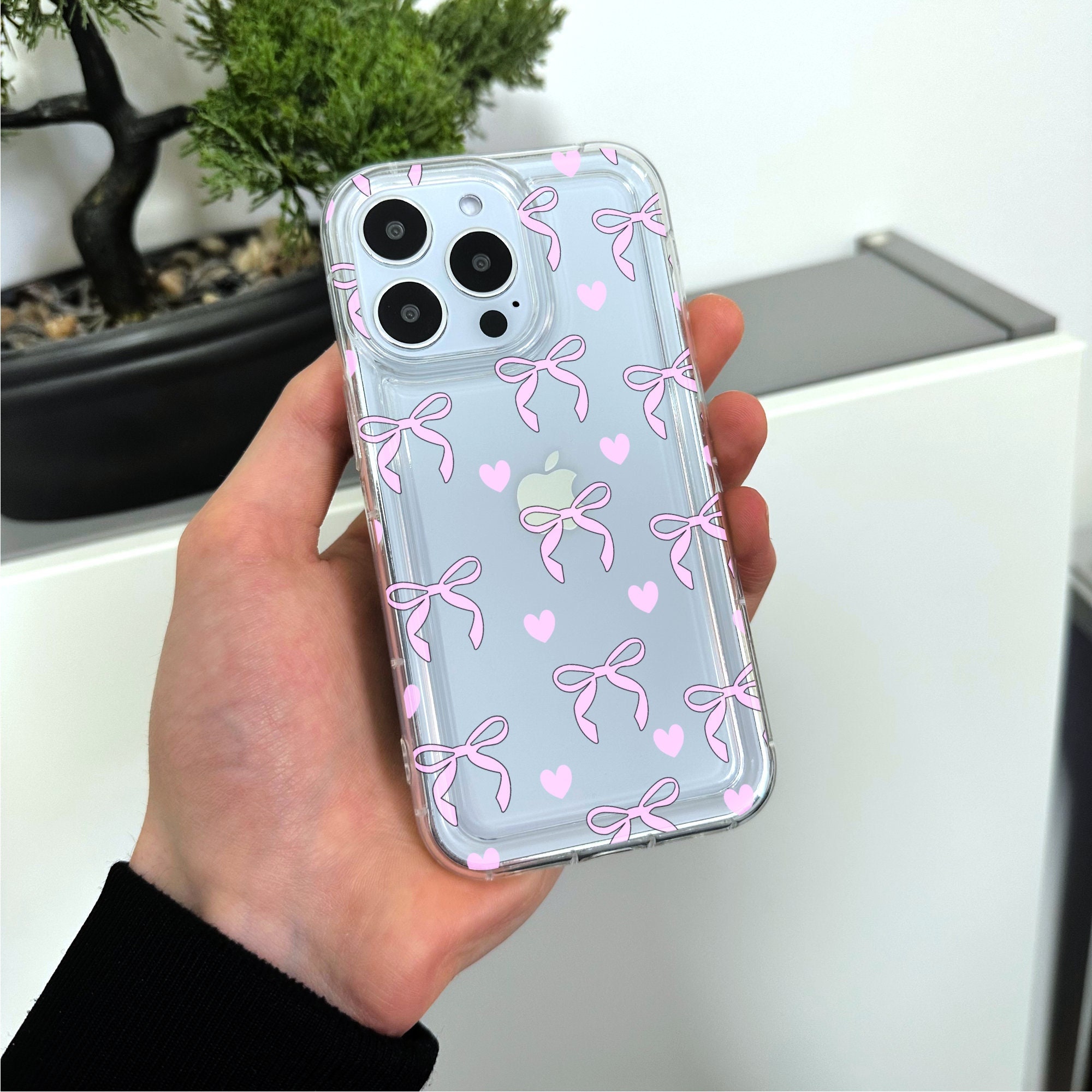 Pink Bow Ribbon Clear Phone Case for iPhone 15 14 13 12 11