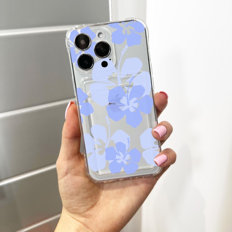Blue Hawaiian Aloha Flowers Card Holder Phone Case for iPhone 17 16 15 14 13 12 11 11 Pro Max Mini Wallet Shockproof Phone Cover Custom Name image 1