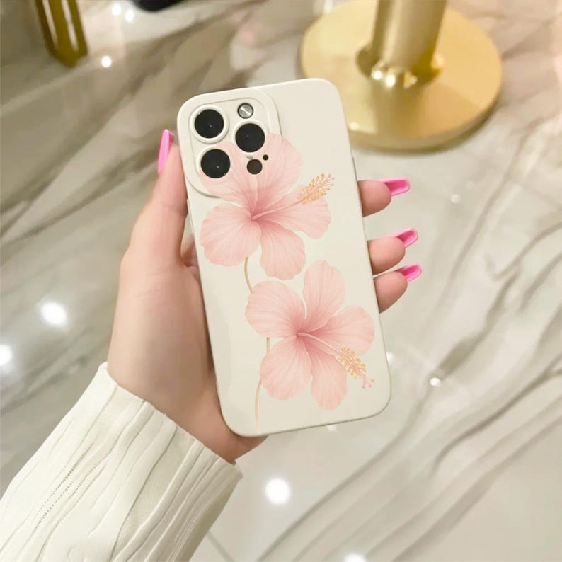 Pink Hibiscus Flower Floral Beige Phone Case - Thumbnail 3