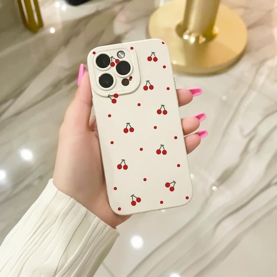 Cherry Pattern Beige Phone Case for iPhone 17 16 15 14 13 12 11 11 Pro Max Mini 7 8 XR XS X Shockproof Phone Cover with Personalised Name