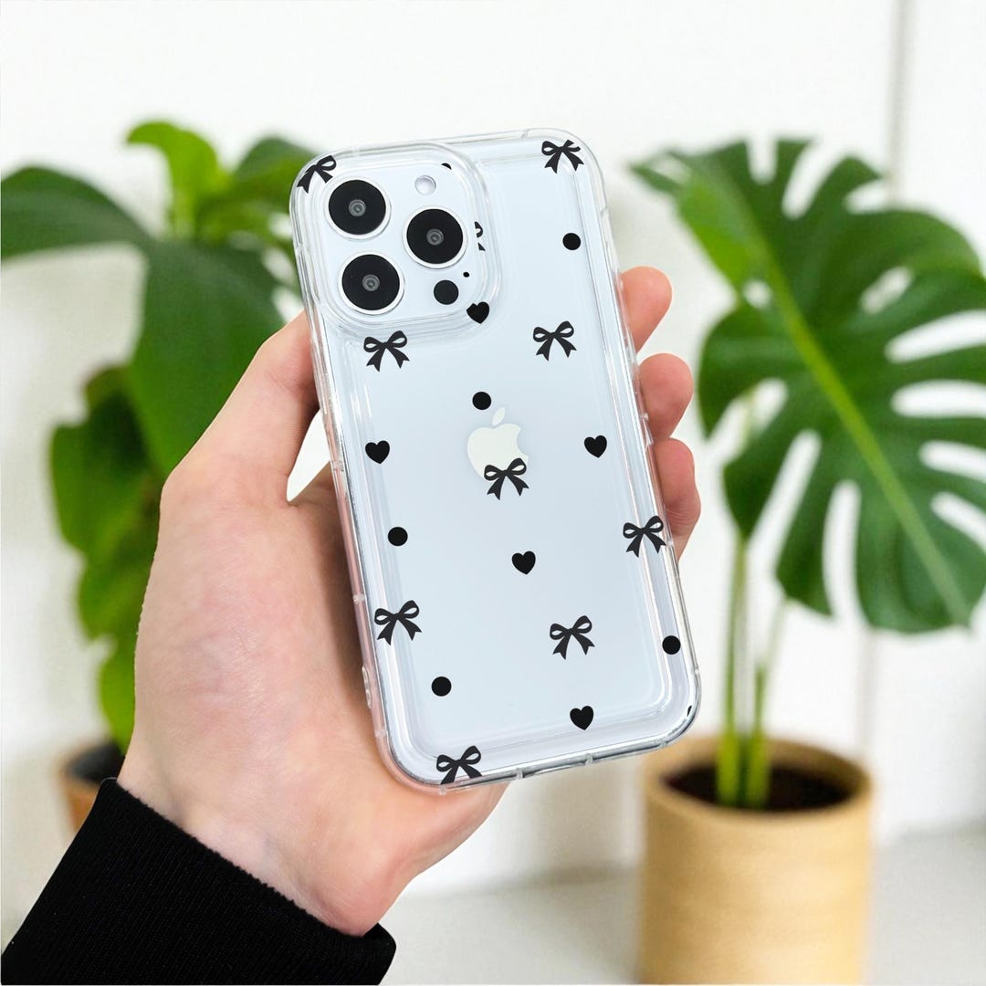 Black Heart Bow Pattern Clear Phone Case for iPhone 17 16 15 14 13