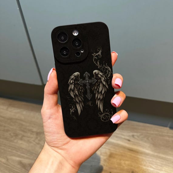 ダークゴシックエンジェルウィング装飾ブラック電話ケース iPhone 17