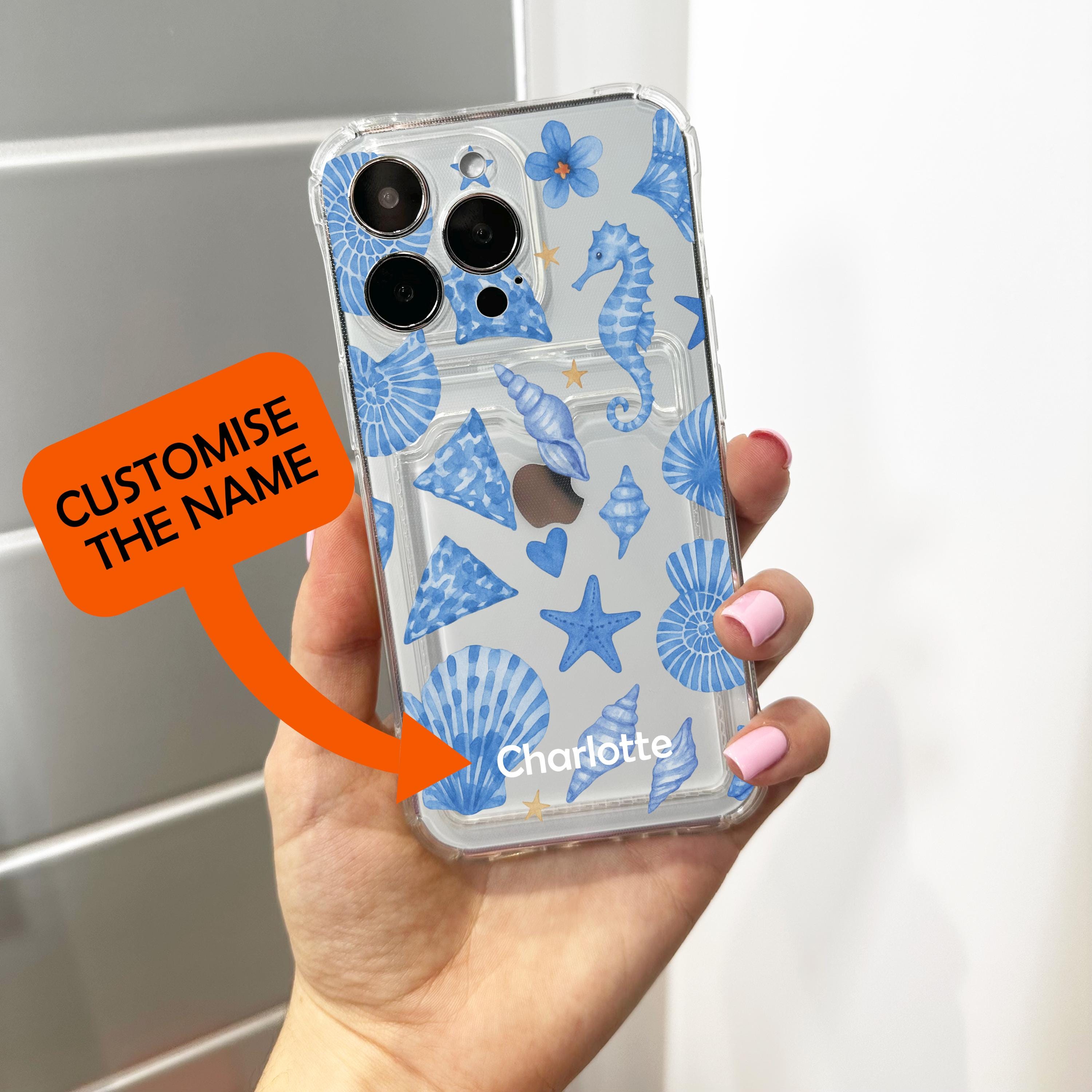 Blue Beach Theme Sea Horse Shell Pattern Clear Card Holder Phone
