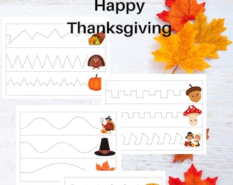 May include: A printable Thanksgiving tracing worksheet for kids. The worksheet features four different tracing lines with various Thanksgiving-themed images, including a turkey, pumpkin, pilgrim hat, and pie. The text "Happy Thanksgiving" is at the top of the page.