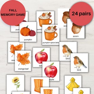 May include: A set of 24 matching cards featuring fall-themed images, such as pumpkins, acorns, leaves, birds, rain boots, and raincoats. The cards are designed for a memory game and include the word "FALL MEMORY GAME" at the top.