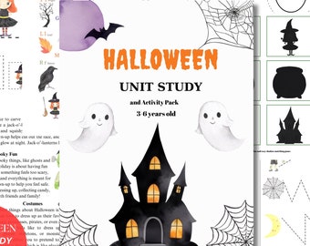 May include: A Halloween-themed activity pack for children aged 3-6, featuring illustrations of witches, ghosts, and a haunted house. The cover displays the title "Halloween Unit Study" and includes 42 pages of educational activities.