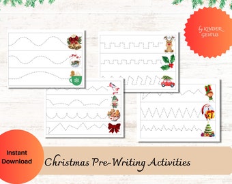 Christmas Pre-Writing Activities • 9 Pages Preschool Handwriting, Homeschool Activity, Preschool Curriculum