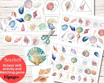May include: A printable seashell themed scissor skills activity and matching game for kids. The printable pack includes 13 pages with various seashell illustrations.