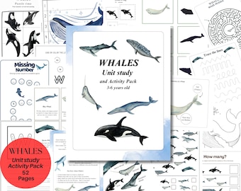 May include: A collection of educational activity pages featuring watercolor illustrations of whales. The pages include puzzles, mazes, and tracing activities. The text on the cover reads "Whales Unit study and Activity Pack 3-6 years old".