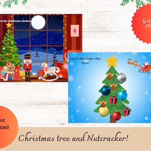 Puede incluir: Una actividad navideña imprimible para niños con un Cascanueces y un árbol de Navidad. La actividad incluye hacer coincidir la sombra del Cascanueces y decorar el árbol de Navidad con adornos.