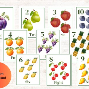 FRUITS NUMBERS  CARDS,  Fruits, Educational Cards for Kids , 1-10 Flashcards,  watercolor, flashcards set, Digital download