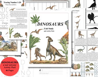 Dinosaur Unit Study Printable, Preschool Kindergarten Activity Pack, Homeschool Learning, Tracing Counting Puzzles, Ages 3-6