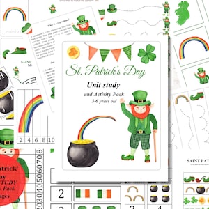 May include: A printable St. Patrick's Day unit study and activity pack for children ages 3-6. The pack includes 58 pages of activities, such as coloring pages, tracing activities, and puzzles. The cover features a cartoon leprechaun with a pot of gold.
