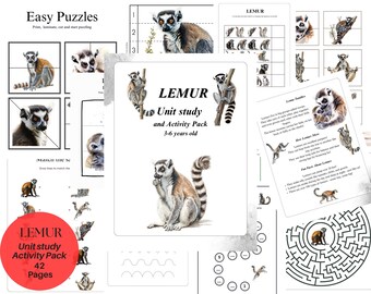 Könnte beinhalten: Bildungsmaterialien für Kinder mit Lemuren-Illustrationen. Enthält Puzzles, Arbeitsblätter und ein Lernpaket mit dem Text "LEMUR Unit study and Activity Pack 3-6 years old" und "42 Pages".