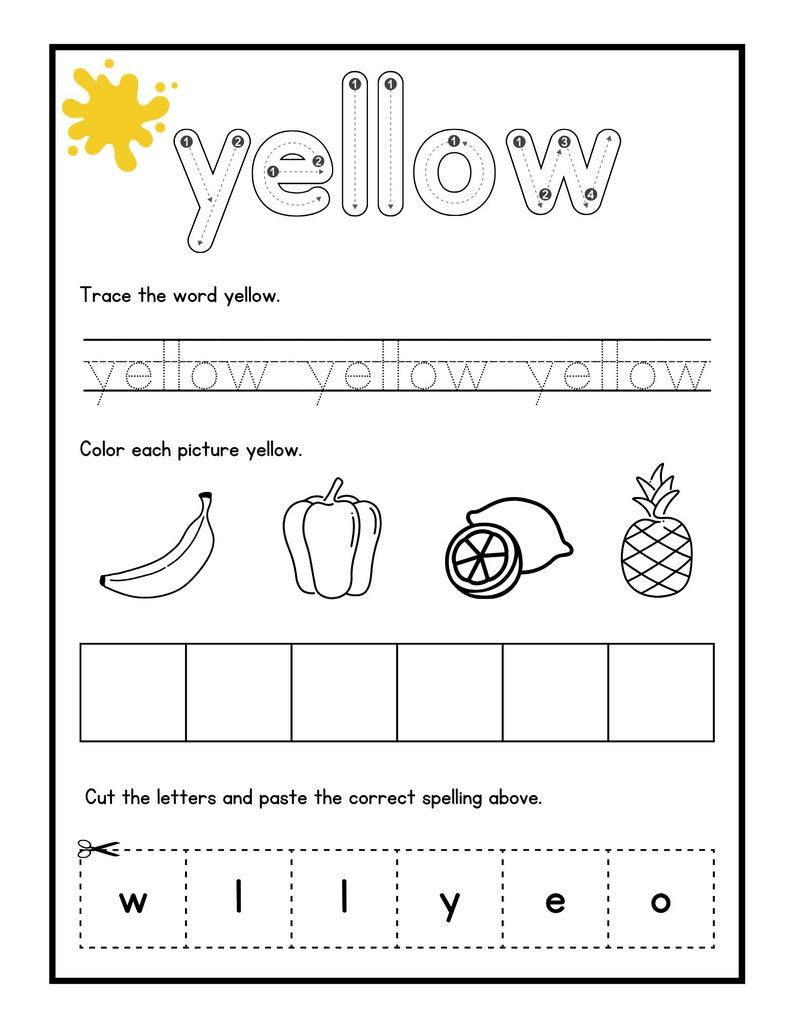 Spell Yellow Worksheet Printable Color Learning and Color Tracing Worksheets for Preschool - Etsy
